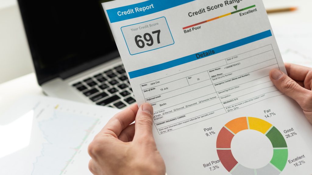 Credit Report with Score rating app on smartphone screen showing creditworthiness of a person for loan and mortgage application based on payment history and debt usage, budget management performance